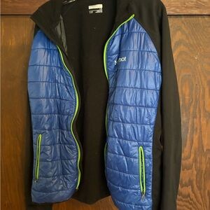 Marmot Men's Black and Blue Puffer Jacket with Lime Accents